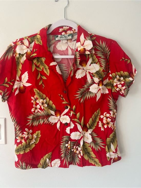 Two Palms Tops - Two Palms 100  % Linen Red Hawaiian Floral Button-Up Blouse Women’s  Small S